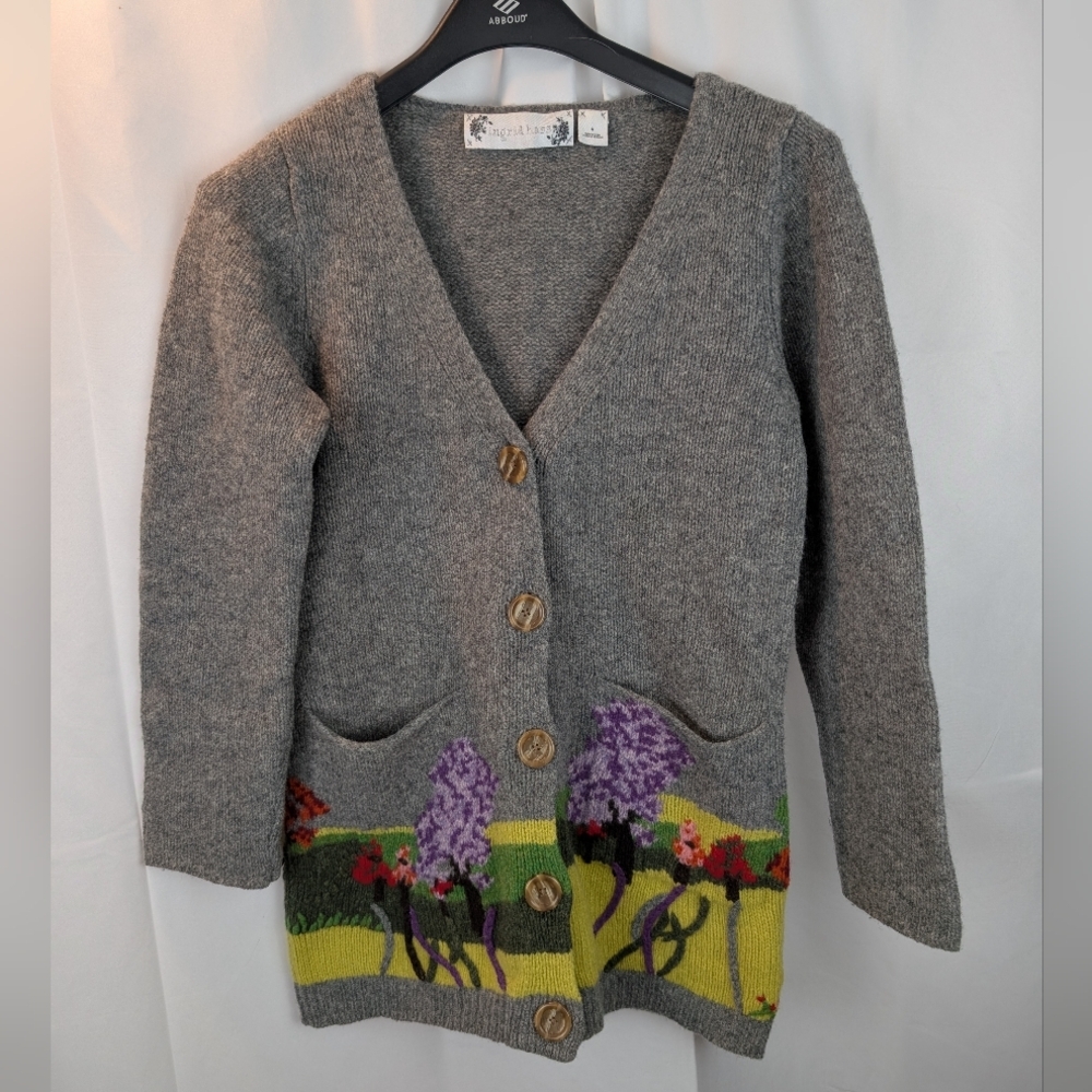 Ingrid Hass Gray Cardigan with Floral Design Size M In EUC